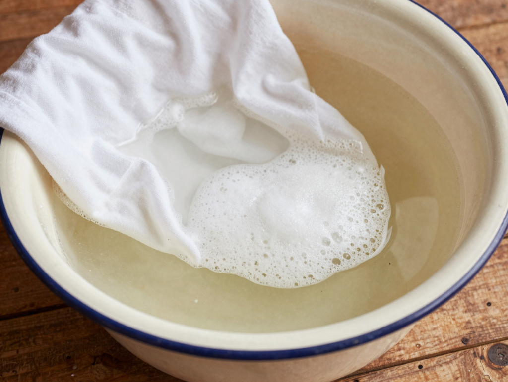 Chemise blanche en trempage dans une bassine d'eau chaude additionnée de percarbonate de soude