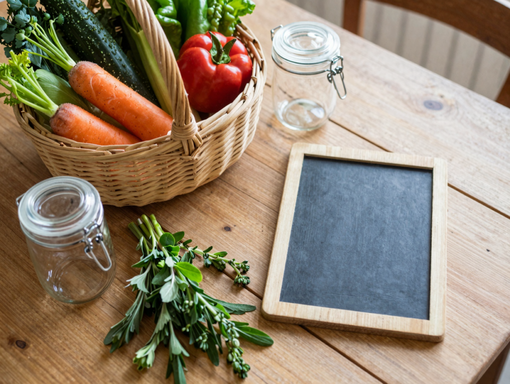 Panier de légumes de saison, bocaux vides et ardoise posés sur une table avant la cuisine du dimanche