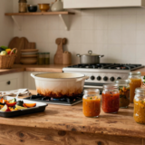 Cuisine rustique un dimanche : cocotte qui mijote, plaques de légumes rôtis et bocaux de soupe alignés