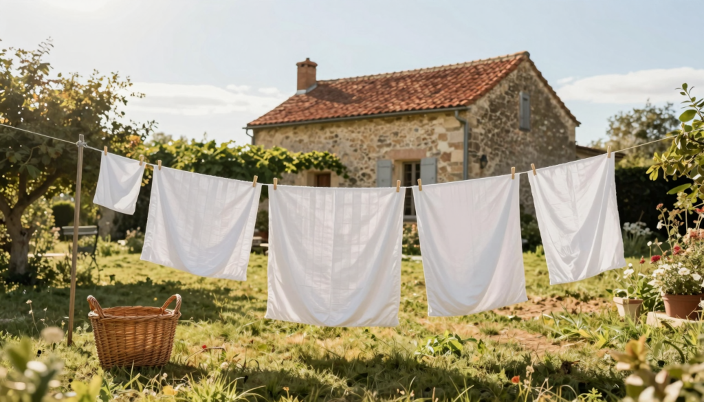 Draps blancs séchant au soleil sur un fil dans un jardin de campagne