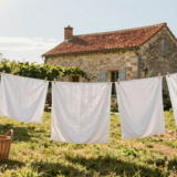 Draps blancs séchant au soleil sur un fil dans un jardin de campagne