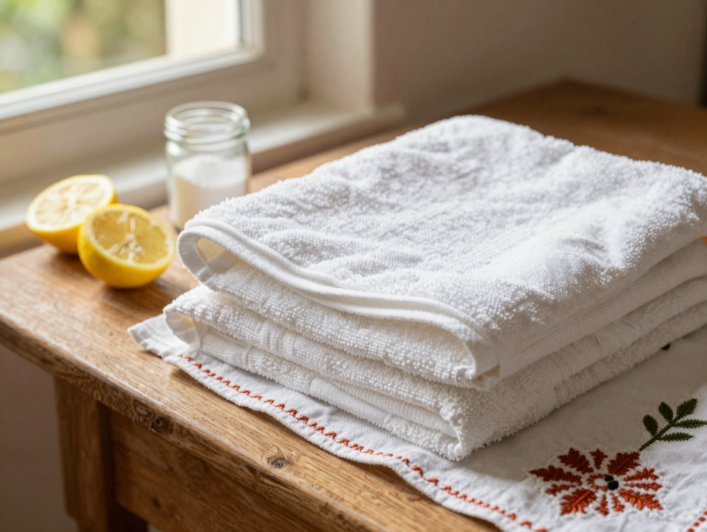 Linge blanc éclatant plié après blanchiment naturel, citrons et bicarbonate à côté