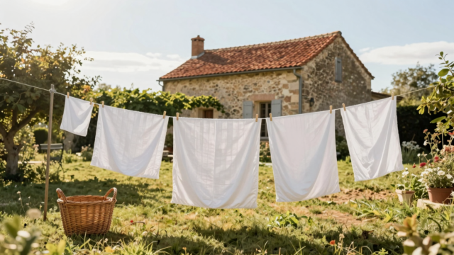 Draps blancs séchant au soleil sur un fil dans un jardin de campagne