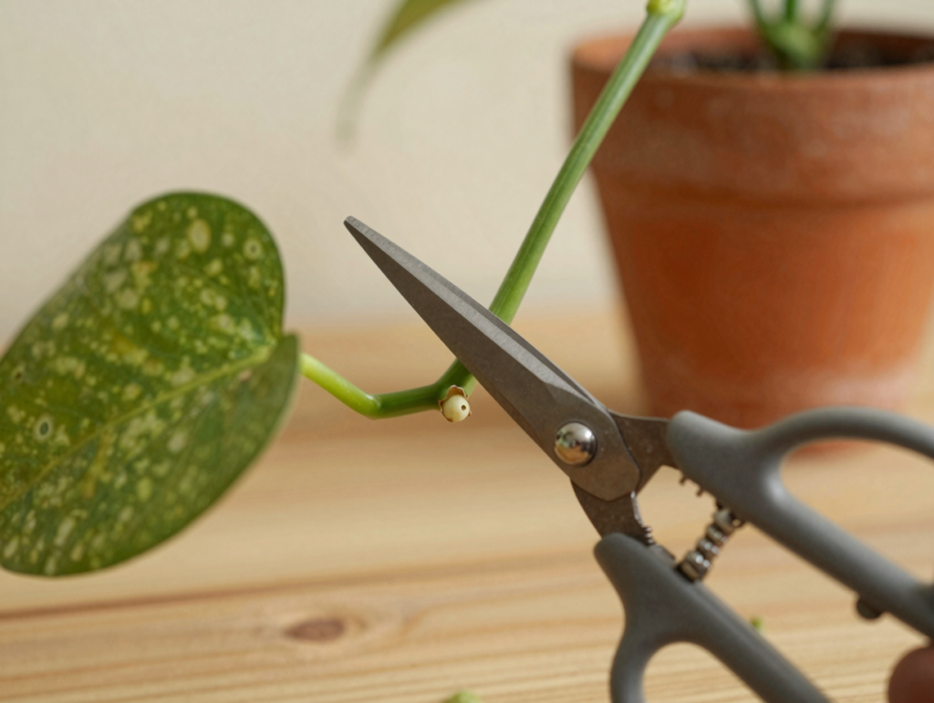 Ciseaux prêts à couper une tige de pothos juste sous un nœud