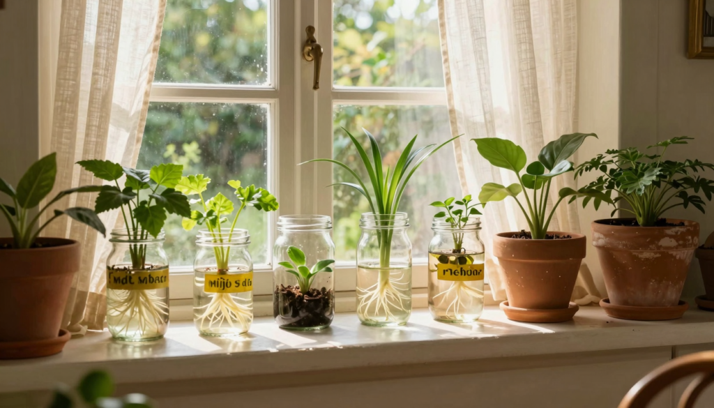 Rebord de fenêtre garni de verres et bocaux contenant des boutures de plantes d'intérieur avec leurs racines