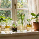 Rebord de fenêtre garni de verres et bocaux contenant des boutures de plantes d'intérieur avec leurs racines
