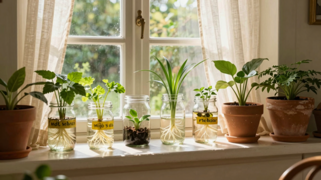 Rebord de fenêtre garni de verres et bocaux contenant des boutures de plantes d'intérieur avec leurs racines