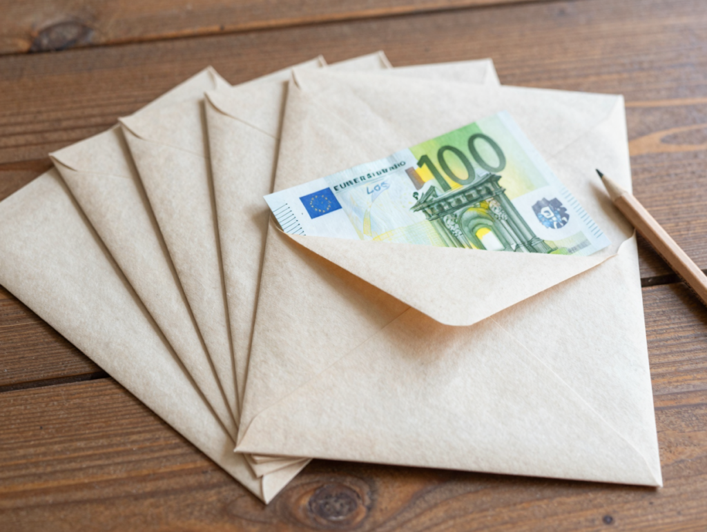 Enveloppes en papier kraft contenant des billets, posées sur une table en bois