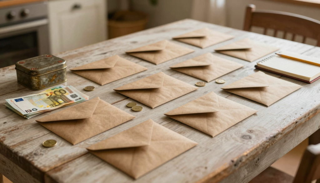 Enveloppes kraft, billets, boîte en fer ancienne et carnet posés sur une table de cuisine