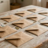Enveloppes kraft, billets, boîte en fer ancienne et carnet posés sur une table de cuisine
