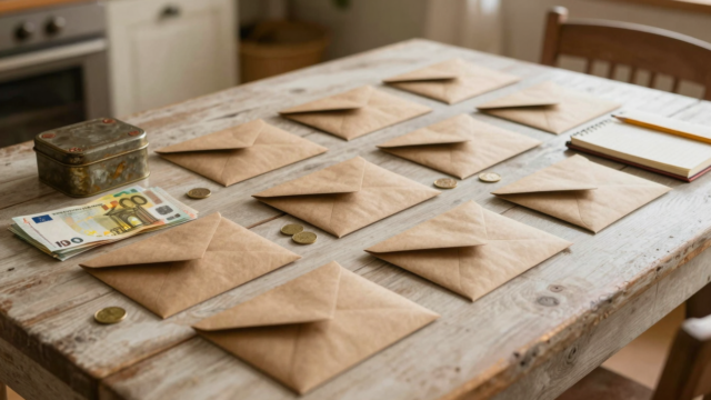 Enveloppes kraft, billets, boîte en fer ancienne et carnet posés sur une table de cuisine