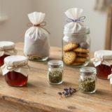 Cadeaux faits maison sur une table en bois : pots de confiture habillés de tissu, sachets de lavande et bocal à biscuits