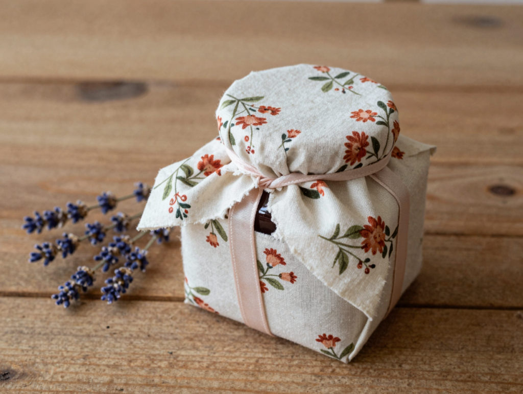 Cadeau emballé dans un carré de tissu fleuri noué à la manière furoshiki, brins de lavande à côté