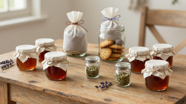 Cadeaux faits maison sur une table en bois : pots de confiture habillés de tissu, sachets de lavande et bocal à biscuits
