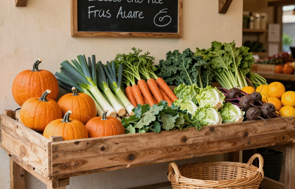 Étal de marché débordant de légumes d'hiver : courges, poireaux, carottes, choux, endives et agrumes devant un panier en osier