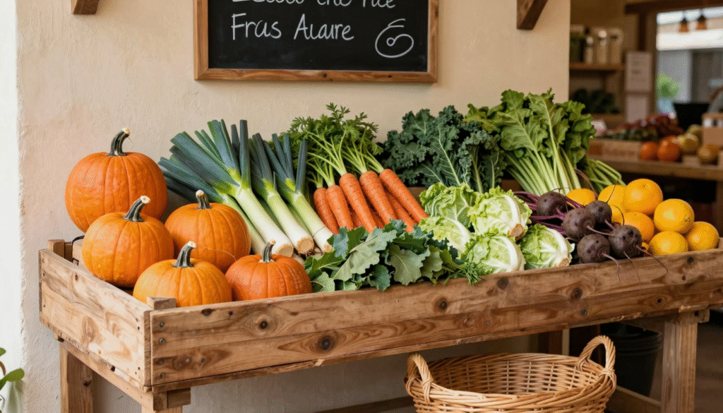Étal de marché débordant de légumes d'hiver : courges, poireaux, carottes, choux, endives et agrumes devant un panier en osier