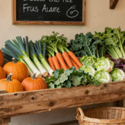 Étal de marché débordant de légumes d'hiver : courges, poireaux, carottes, choux, endives et agrumes devant un panier en osier