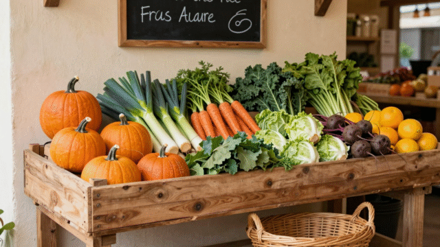 Étal de marché débordant de légumes d'hiver : courges, poireaux, carottes, choux, endives et agrumes devant un panier en osier