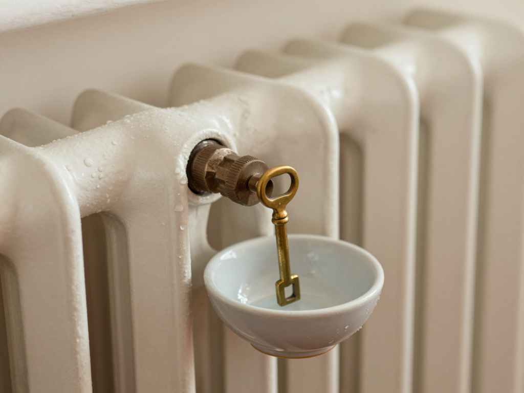 Clé de purge en laiton sur la vis d'un radiateur en fonte, bol posé dessous pour recueillir l'eau