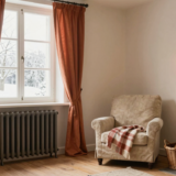 Salon d'hiver chaleureux avec radiateur en fonte, rideaux épais tirés et plaid en laine sur un fauteuil