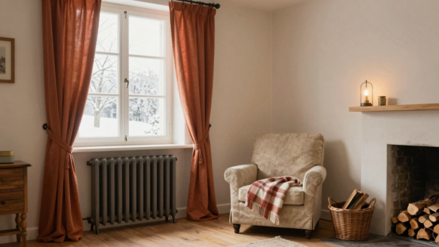 Salon d'hiver chaleureux avec radiateur en fonte, rideaux épais tirés et plaid en laine sur un fauteuil