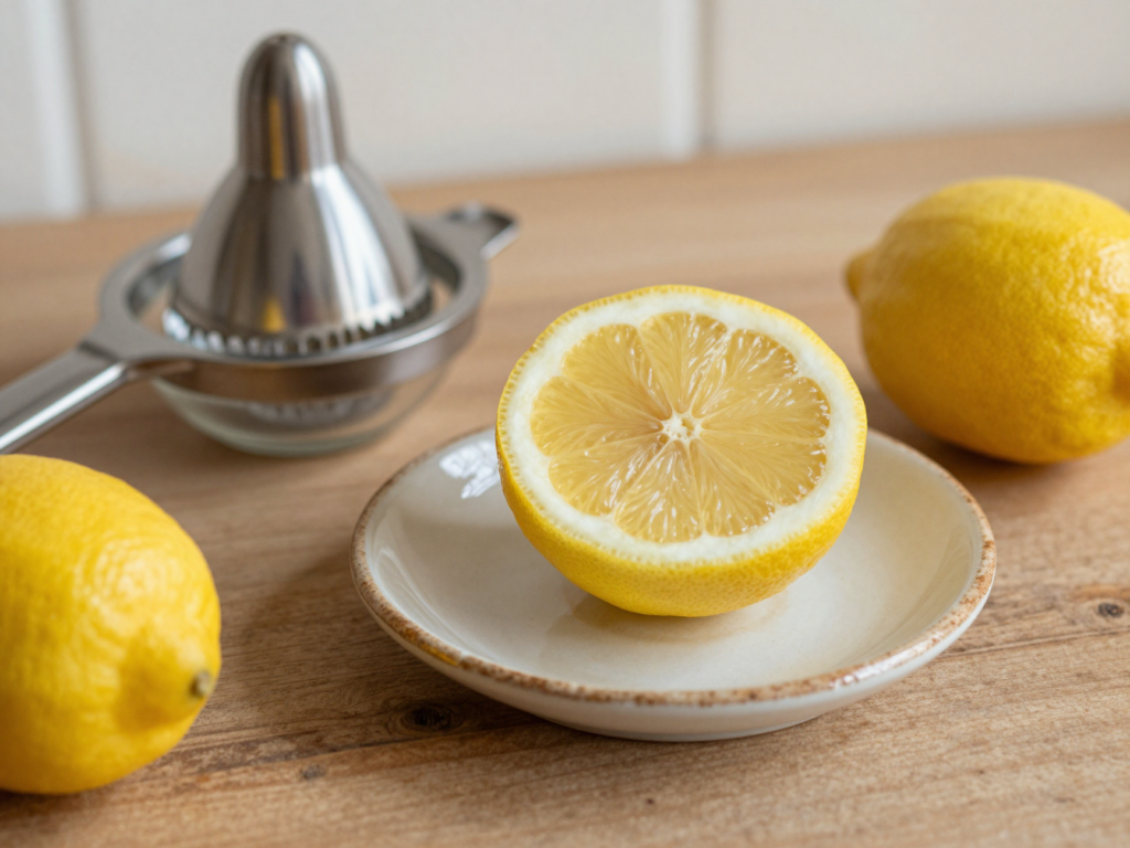 Demi-citron posé face coupée contre une petite soucoupe en céramique