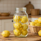 Bocal en verre rempli d'eau et de citrons entiers posé sur une table de cuisine en bois