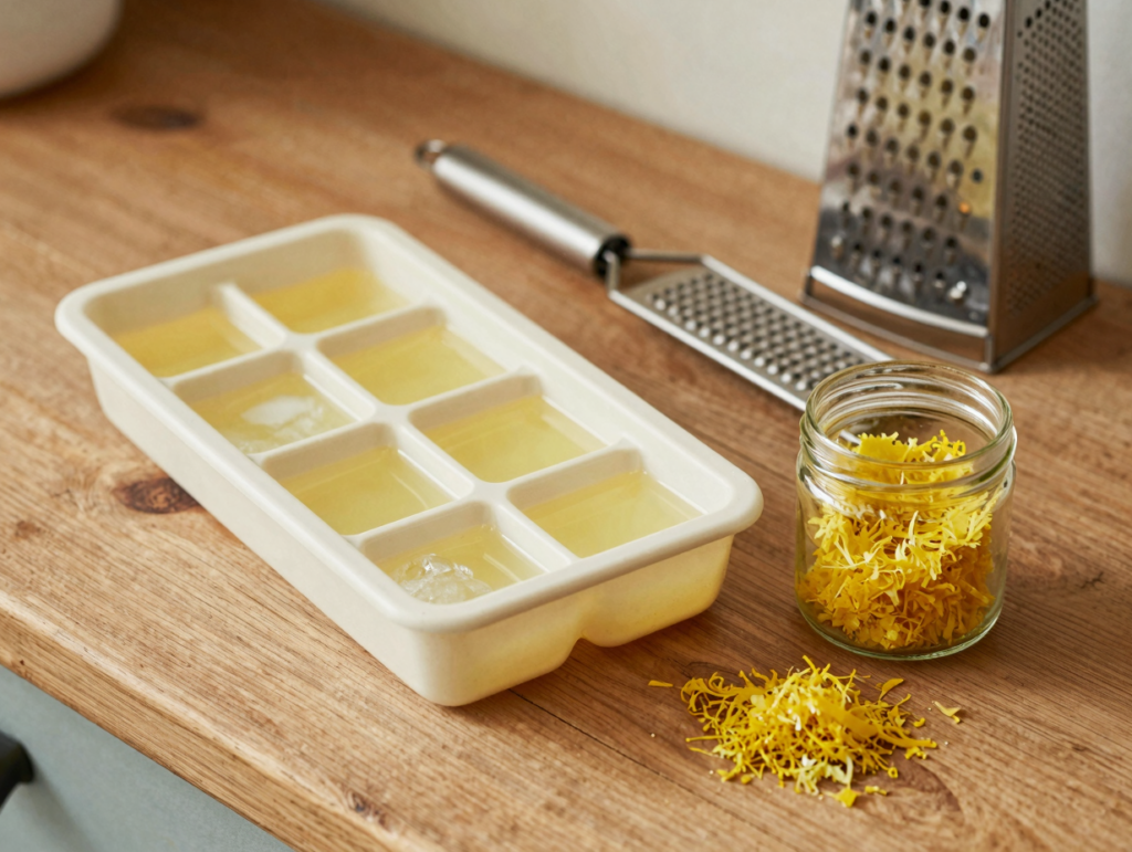 Bac à glaçons rempli de jus de citron et petit bocal de zestes râpés