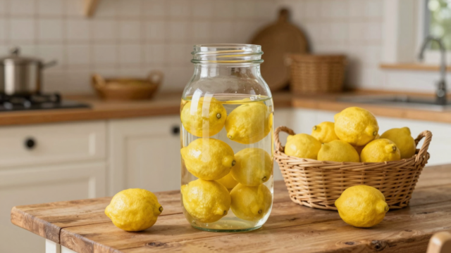 Bocal en verre rempli d'eau et de citrons entiers posé sur une table de cuisine en bois