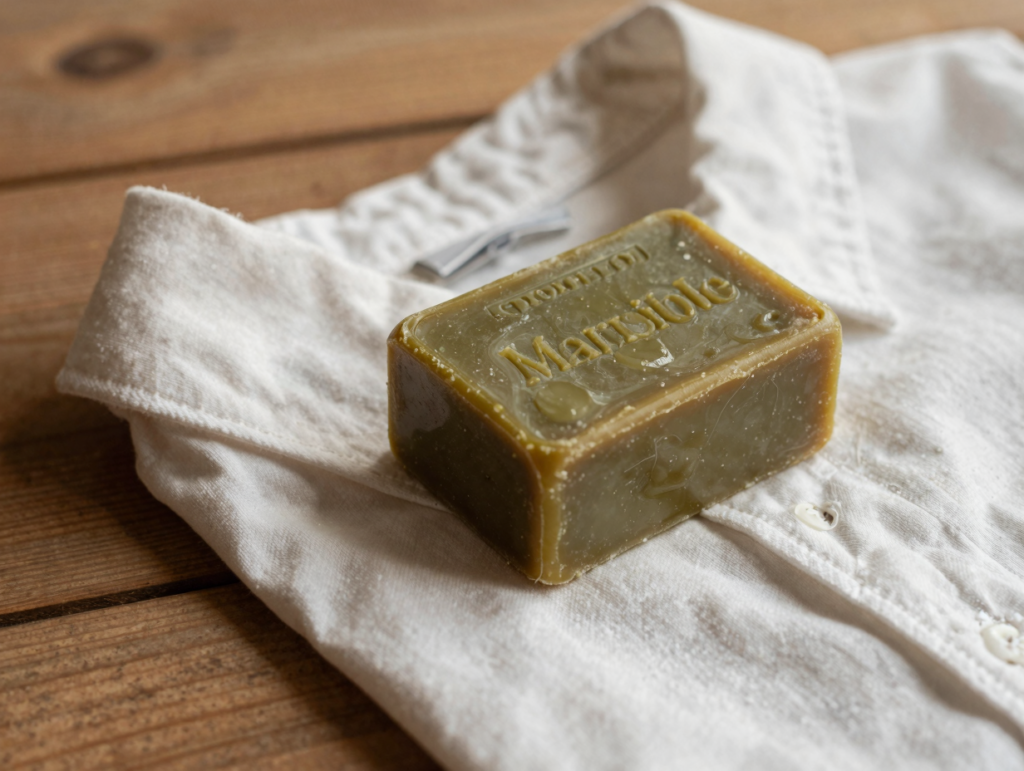 Cube de savon de Marseille posé sur le col humide d'une chemise blanche, traces de savon visibles