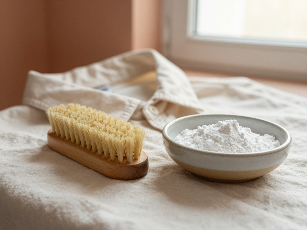 Brosse douce en bois et bol de pâte de bicarbonate à côté d'un col de chemise