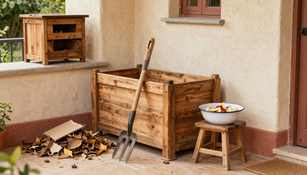 Bac à compost en bois dans un coin de jardin avec épluchures, feuilles mortes et lombricomposteur de balcon
