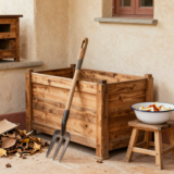 Bac à compost en bois dans un coin de jardin avec épluchures, feuilles mortes et lombricomposteur de balcon