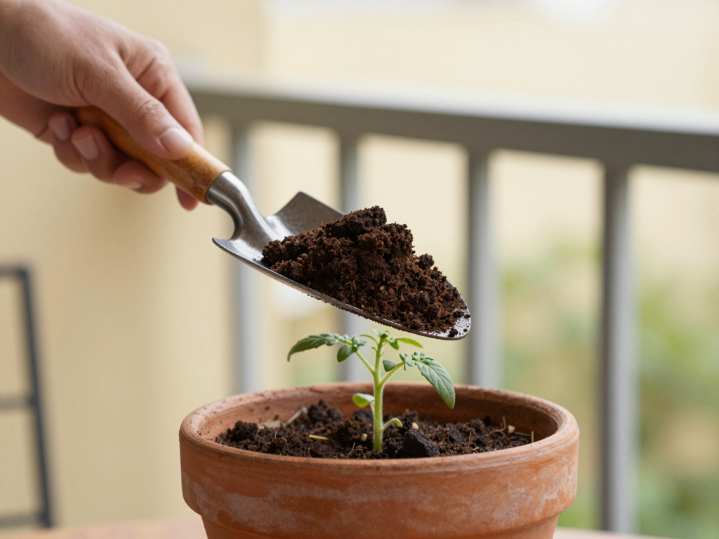 Compost mûr, sombre et friable, dans une pelle de jardinage au-dessus d'un pot de tomate sur un balcon