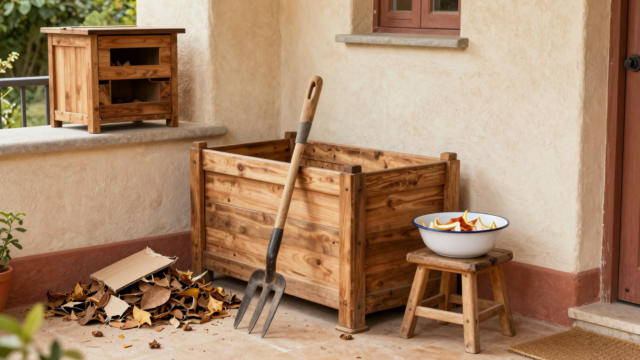 Bac à compost en bois dans un coin de jardin avec épluchures, feuilles mortes et lombricomposteur de balcon