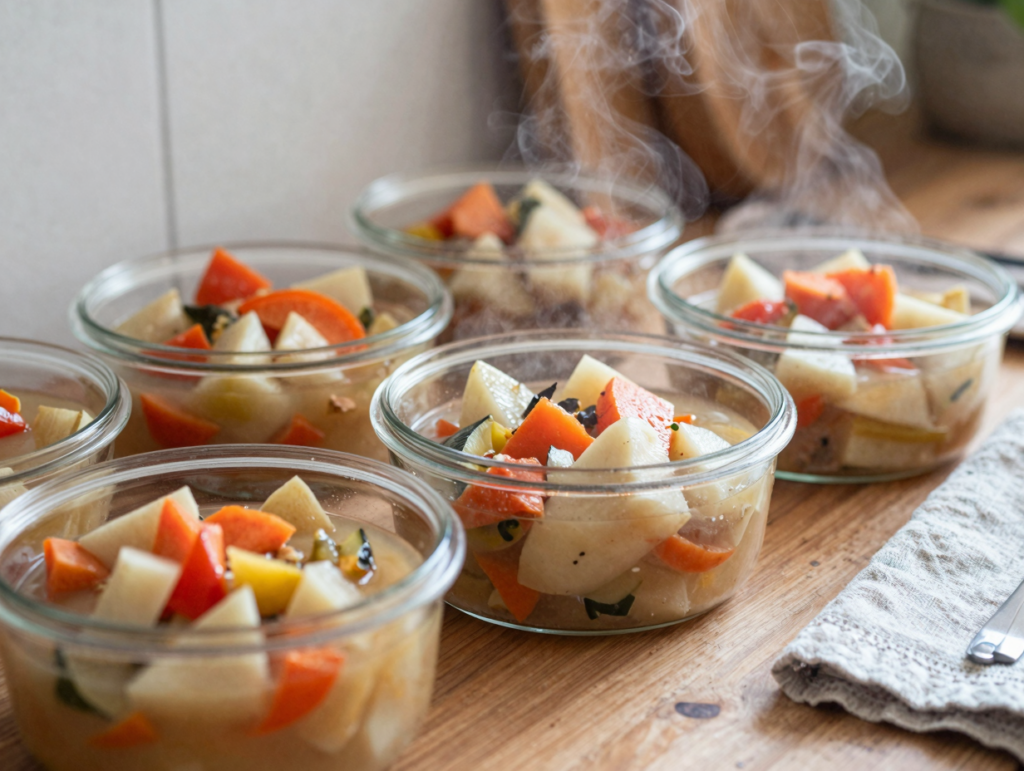 Portions de plat maison refroidissant dans des boîtes en verre avant congélation