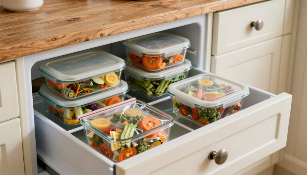 Tiroir de congélateur bien organisé avec boîtes en verre et sacs de congélation rangés à plat