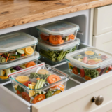 Tiroir de congélateur bien organisé avec boîtes en verre et sacs de congélation rangés à plat