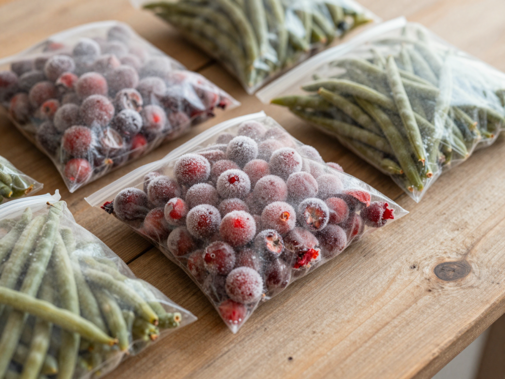 Fruits rouges et haricots verts congelés à plat dans des sacs de congélation
