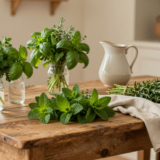 Bouquets d'herbes aromatiques fraîches et bocaux en verre sur une table de ferme en bois