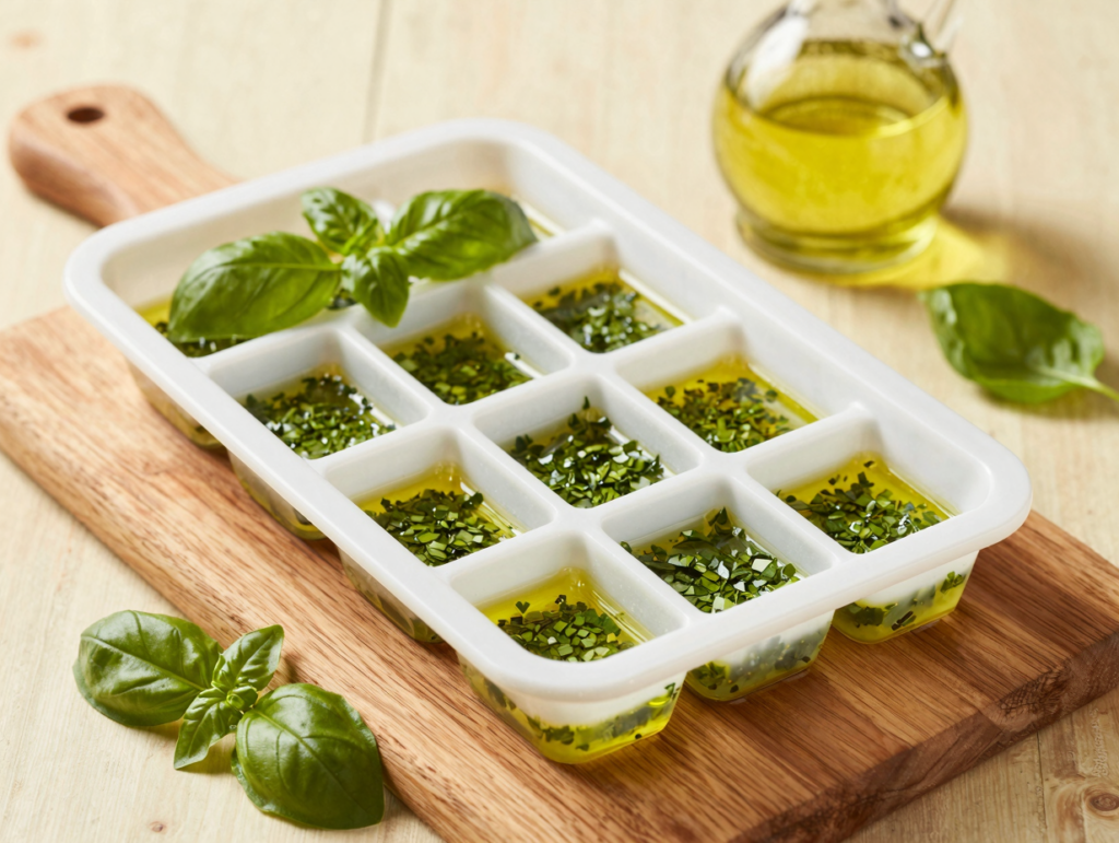 Bac à glaçons rempli d'herbes ciselées recouvertes d'huile d'olive