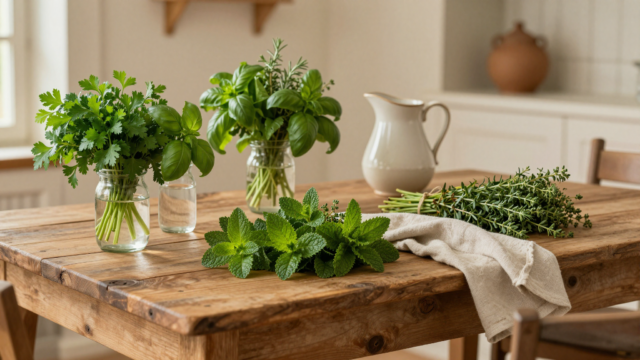 Bouquets d'herbes aromatiques fraîches et bocaux en verre sur une table de ferme en bois