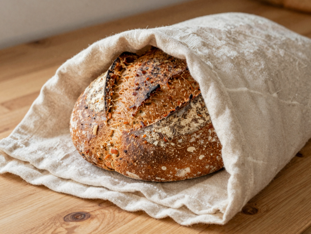 Pain de campagne entamé enveloppé dans un torchon de lin beige sur un plan de travail en bois