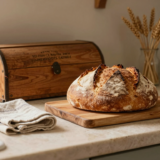 Miche de pain de campagne sur une planche en bois avec torchon de lin et huche à pain ancienne en arrière-plan