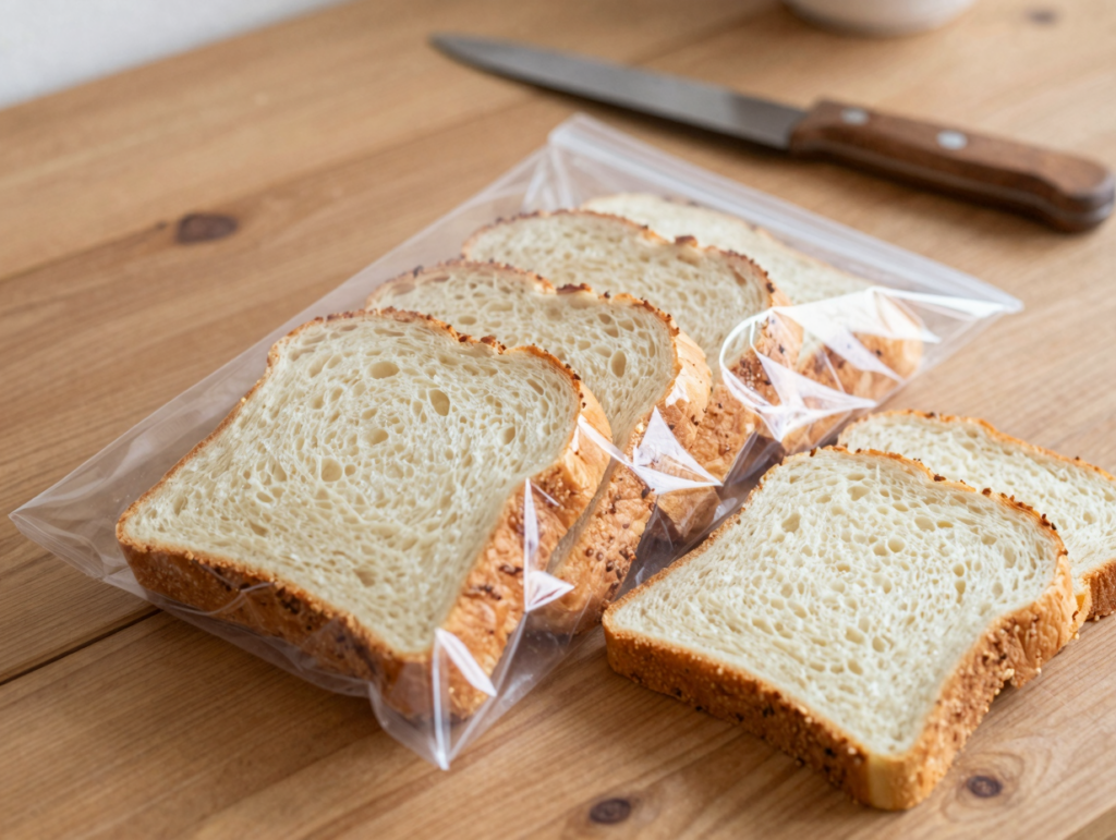 Tranches de pain rangées à plat dans un sac de congélation sur une table en bois