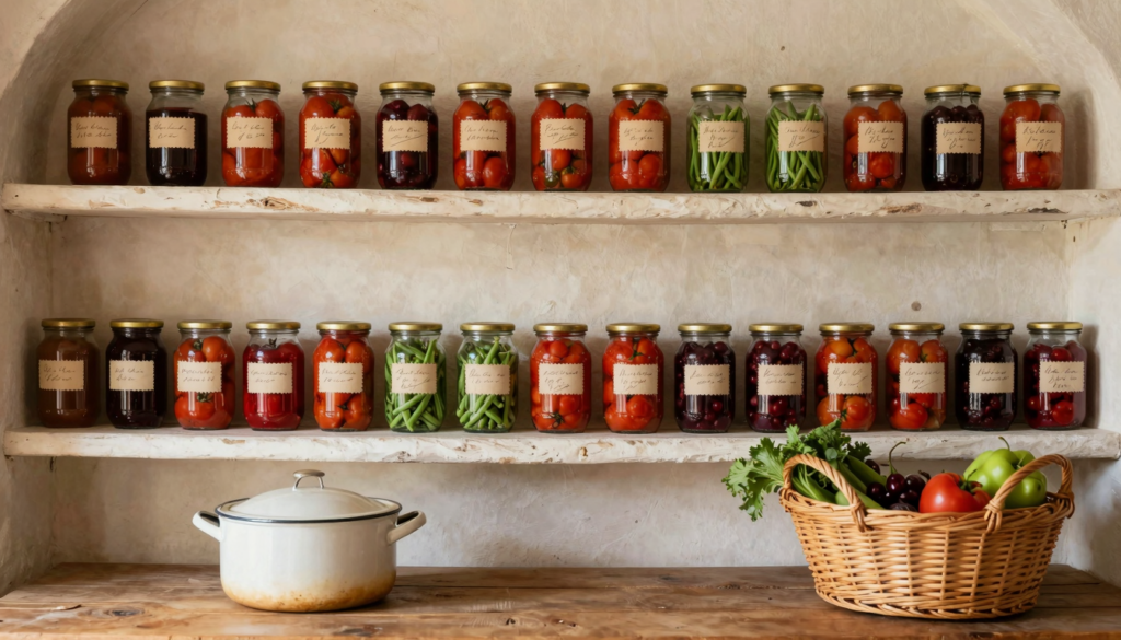 Étagère de cave garnie de bocaux de conserves maison étiquetés, marmite émaillée et panier de légumes