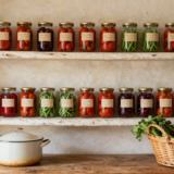 Étagère de cave garnie de bocaux de conserves maison étiquetés, marmite émaillée et panier de légumes