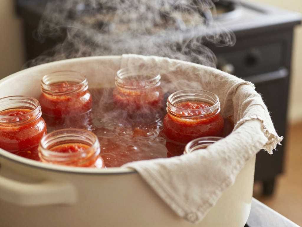 Bocaux de sauce tomate calés dans une grande marmite d'eau bouillante pendant la stérilisation