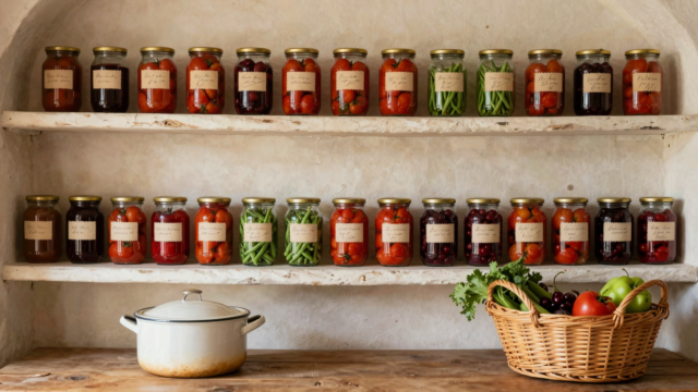 Étagère de cave garnie de bocaux de conserves maison étiquetés, marmite émaillée et panier de légumes