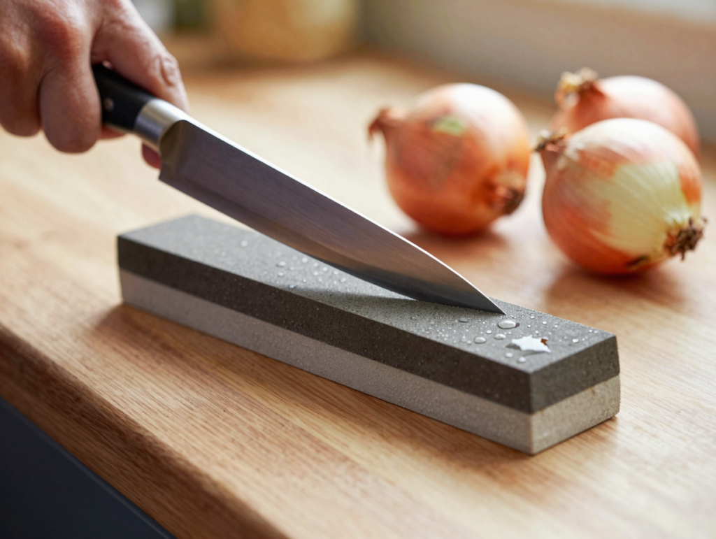 Affûtage d'un couteau de cuisine sur une pierre à aiguiser, des oignons en arrière-plan